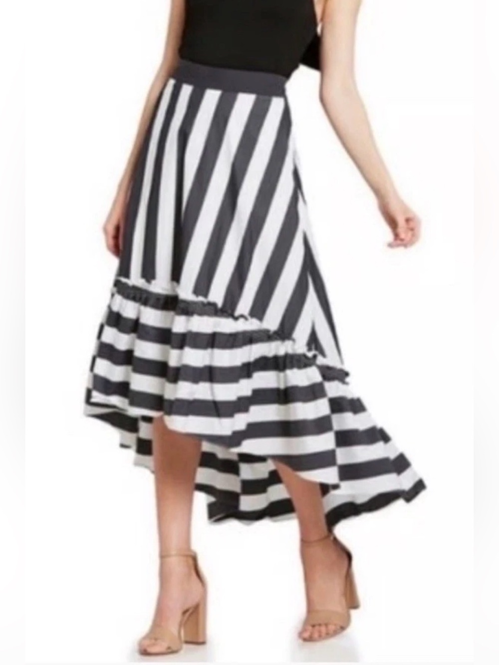 Trina Turk Rosamund Tiered Ruffle Maxi Skirt Sz 8 Black White Stripe Cotton